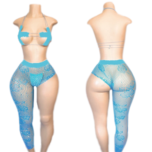 Vêtements de performance personnalisables en gros, nouveau style, vêtements de danse exotiques en résille avec strass - Product Image 1