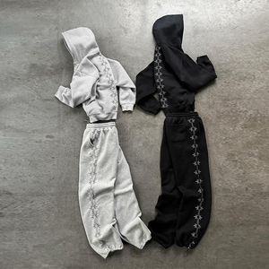 Customized Crystal Street Style Heavyweight Zipper <strong>Blank</strong> Two Piece Sports Pants and Hoodie Set for Men - Product Image 1