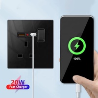 Interruptores y Tomas de Corriente de Pared de Vidrio Templado Universal Negro con Cargador Rápido USB Tipo C de 20W y Luz Indicadora para Reino Unido y Malta