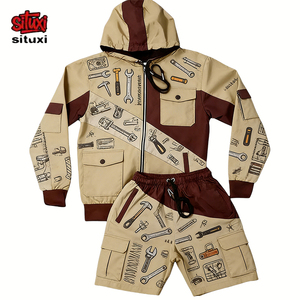 Ensemble de survêtement streetwear chicano personnalisé pour <span class=keywords><strong>homme</strong></span>, coupe-vent à <span class=keywords><strong>capuche</strong></span> zippé et short assorti, imprimé lettres gothiques effet goutte, bicolore - Product Image 5