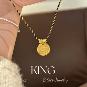 Collar con Colgante del Dios de la Riqueza, Joyería King Silver, Plata de Ley 925, Chapado en Oro, Cuerda Trenzada, Unisex, Regalo - Product Image 3