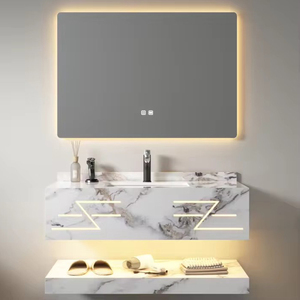 Mueble de Baño Flotante <span class=keywords><strong>con</strong></span> Lavabo de Superficie Sólida Personalizado, Lavabo de Mármol Sinterizado <span class=keywords><strong>con</strong></span> Espejo LED - Product Image 3