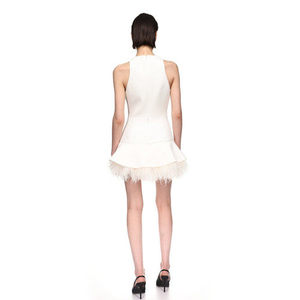Robe d'été formelle pour femme, respirante, naturelle, élégante, à volants en plumes, haut de gamme, minimaliste, taille cintrée, coupe trapèze, mini, pour le bureau - Product Image 3