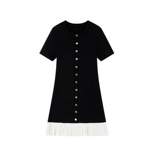 Robe en tricot plissée à col rond, à manches courtes, à simple boutonnage, contrastée en noir et blanc, de haute qualité, pour femmes, style français - Product Image 5
