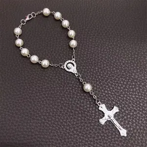 宗教天主教祈祷念珠手镯银独特十字串珠链吊坠耶稣基督教珍珠手镯