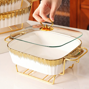 Plaque chauffante rectangulaire dorée en céramique de luxe pour la cuisson, idéale pour les plats de table, les soupes sèches et les casseroles en hôtel - Product Image 5