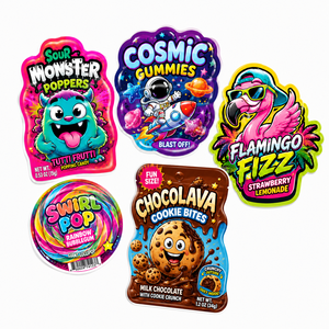 Sacs en Mylar personnalisés numériques imprimés, souples au toucher, spéciaux, 3,5 g, refermables avec fermeture éclair, découpés en forme de cercle rond - Product Image 1