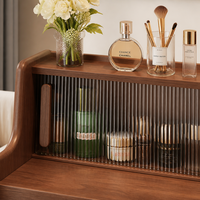 Coiffeuse en noyer style Mid-Century avec miroir LED relevable, armoire en verre cannelé, 4 tiroirs et tabouret