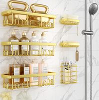 Ensemble d'accessoires de salle de bain de luxe moderne en acier inoxydable doré, 6 pièces, support mural robuste pour douche et rangement