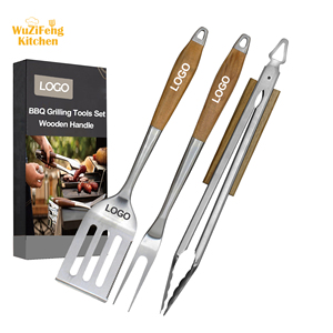 Ustensile de barbecue d'extérieur 3 pièces Spatule Fourchette Pince Accessoires de grillade à usage intensif Manche en bois Ensemble d'outils de barbecue en acier inoxydable - Product Image 1