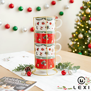 Set di Tazze Natalizie per Intrattenimento Festivo, Tazze da Caffè in Porcellana con Stampa a Doppio Lato di Ghirlande e Agrifoglio, 180ml, Impilabili - Product Image 2