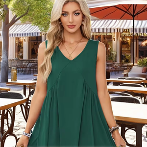 Robe Courte d'Été Décontractée pour Femme, Col V Plissé, Sans Manches, avec Poches, Style Babydoll Mignon, en Tissu Laineux Uni - Product Image 3
