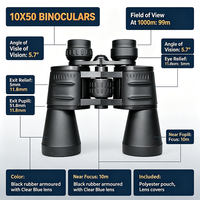 Jumelles Tristar 10x50 Bak4 multi-couches, champ de vision de 5,7°, portée de 1000 m, vision grand angle de 99°, relief oculaire de 5,7 mm, pupille de sortie de 11,8 mm, mise au point de 5 mm