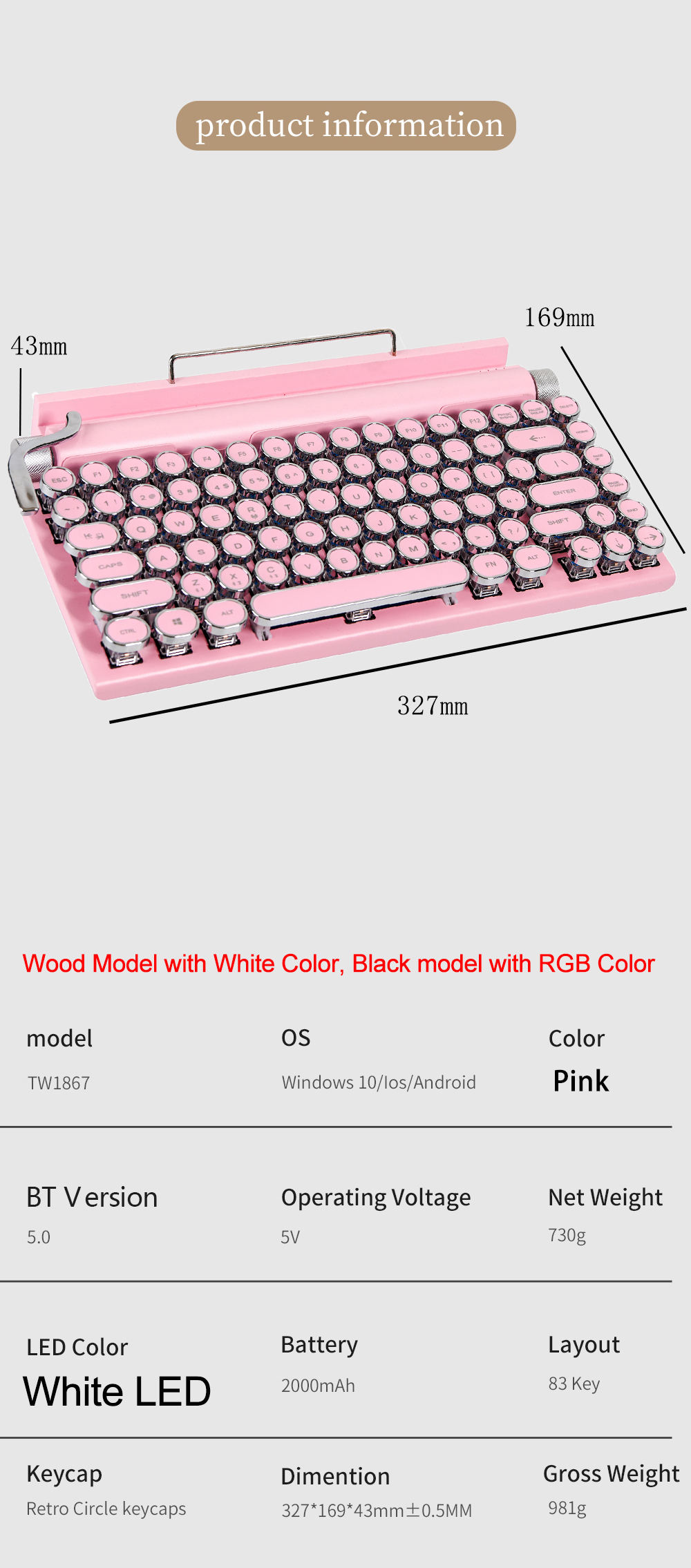 Clavier De Jeu Mécanique De Style Machine À Écrire - Rose Rétro Punk - Avec Rétroéclairage Blanc