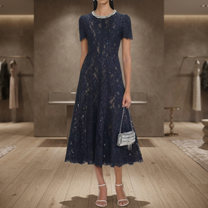 Vestido de Fiesta Largo Casual Azul Sólido con Encaje, Manga Corta, Adornado con Pedrería y Perlas, Elegante y de Lujo Ligero para Verano - Product Image 3