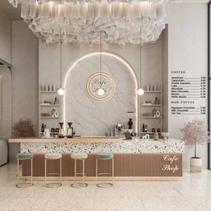 Diseño de Interiores de Cafetería Llave en Mano, Fabricante de Muebles Personalizados para Cafés |   Barra de Bar de Latón Estilo Terrazo Crema Francés OEM - Product Image 1