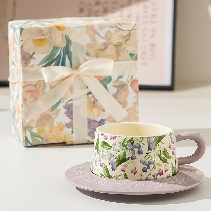 Purple color-blocked cups and saucers - lily of the valley colored box with ribbon