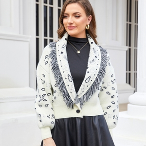 Primavera nuovo stile moda colletto abbasso <span class=keywords><strong>lungo</strong></span> aderente bohémien Jacquard Casual <span class=keywords><strong>Cardigan</strong></span> corto <span class=keywords><strong>bianco</strong></span> - Product Image 1