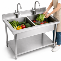 Évier de cuisine professionnel en acier inoxydable 304 à double bac avec drainage fluide, directement de l'usine, pour restaurant