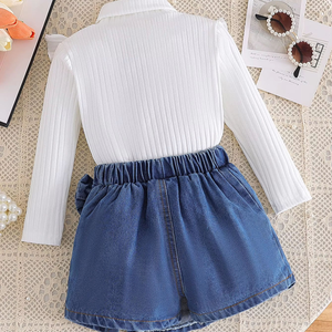 Ensembles de vêtements pour filles, hiver, col montant à volants, rayures verticales, tricot, culottes en denim, 2 pièces, vêtements pour enfants - Product Image 4