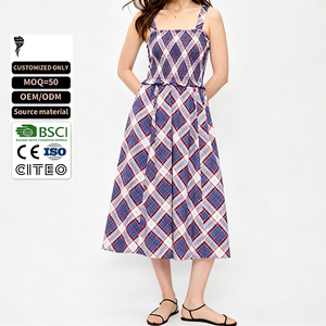 Vestido midi a cuadros con tirantes finos, cuello cuadrado, espalda fruncida, informal, de verano, con bolsillo, para mujer. - Product Image 1