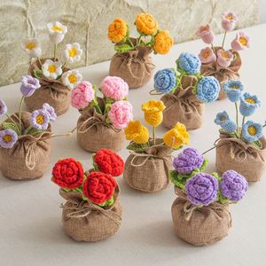 Wholesale Custom Handmade Crochet Flower Pot Mini Knitted Potted Plant with Burlap <b>Bag</b> for Home Decor - Product Image 2