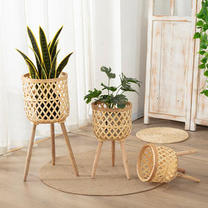 Certified Nordic Style Bamboo Woven Flower Pot with Wooden Legs Indoor <b>Plant</b> <b>Basket</b> for Home Decor Shandong Origin - Product Image 2