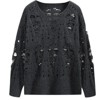 Pull ras du cou déchiré et vieilli pour homme, à manches longues, coupe oversize, tricot ajouré, style gothique, punk rock, emo
