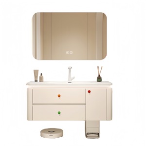 Meuble de salle de bain en bois massif style crème, lavabo intégré en céramique - Product Image 5