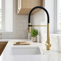 Robinet de cuisine classique en acier inoxydable 304 brossé doré, mitigeur 2 poignées chaud/froid en céramique à poser sur comptoir pour eau potable