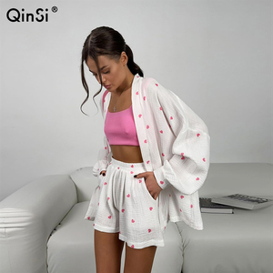 Qosi setelan pakaian tidur 2023 wanita, setelan 2 potong pakaian tidur lengan panjang bercetak, piyama katun kasual musim gugur untuk wanita - Product Image 1