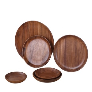 Peinture à la main café plateau de service rond en bois plat - Product Image 2
