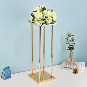 Gold Metal Tall Column Rectangular Flowers Vase Stands Wedding Candelabra Centerpieces For Wedding Party Decoration