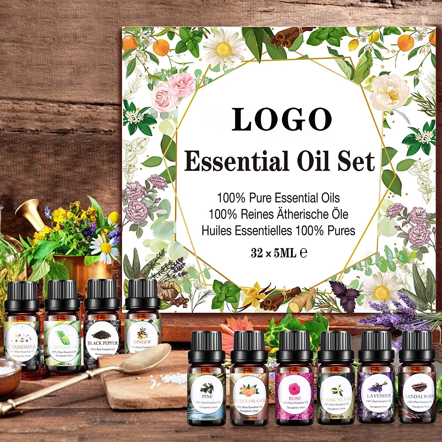 Conjunto de óleo essencial puro, óleo essencial terapêutico 100% de 10ml, embalagem personalizada, aromaterapia, presente