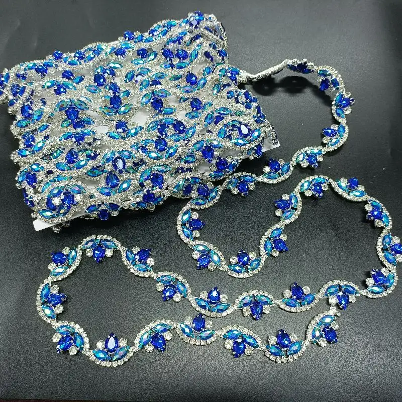 New Design Wholesale Glass Crystal Trimming Chain Colorful Wedding Belt Rhinestones Bezel Plated Bead Garment Accessories Bags