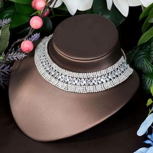 HIBRIDE nouvelle fleur forme Chokers luxe nigérian dubaï ensembles de bijoux pour femmes CZ Zircon collier boucle d'oreille mariée N-492 de mariage - Product Image 5