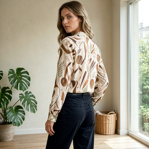 Chemisier imprimé pour femmes, col en V, manches longues, hauts décontractés élégants, chemise à col montant avec imprimé feuilles abstraites pour le bureau et le quotidien - Product Image 3