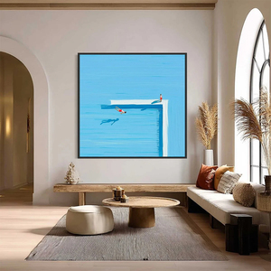 Impression d'art minimaliste sur toile avec cadre en bois, scène de piscine bleue d'été, décoration murale intérieure, peintures de natures mortes modernes - Product Image 4
