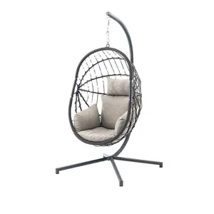 Outdoor Indoor Foldable Swing Easy to Store Basket Wicker Rattan Patio Swings Hanging Egg Nest Chair with Metal Stand