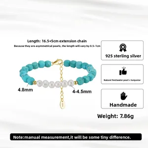 สร้อยข้อมือไข่มุกบาโรกแบบเชื่อมต่อโซ่เ<span class=keywords><strong>ง</strong></span>ินแท้ S925 สไตล์โบฮีเมียน ประดับด้วยเทอร์ควอยซ์ขนาด 4.8 มม. ดีไซน์เรียบง่ายทันสมัยสำหรับสาวๆ - Product Image 4