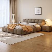 Lit double moderne et simple en tissu crème YISI avec cadre en bois de pin, rangement haute boîte, design moelleux, hauteur réglable, autres caractéristiques