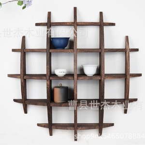 Étagère murale en bois de style chinois à 5 niveaux, support de rangement pour thé en bois massif, rectangulaire, multifonctionnel - Product Image 1