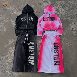 Ensemble de survêtement vintage personnalisé avec strass, imprimé tie-dye, effet délavé, double ceinture, pantalon de jogging - Product Image 1