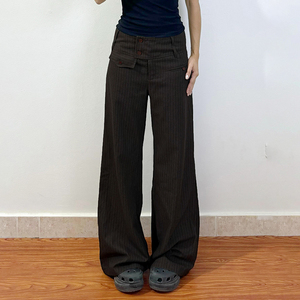 Y2K Brown Striped Wide Leg Pants, High Waist Flare Leg Trousers, Retro Loose Casual Pants for Women Streetwear - Product Image 1