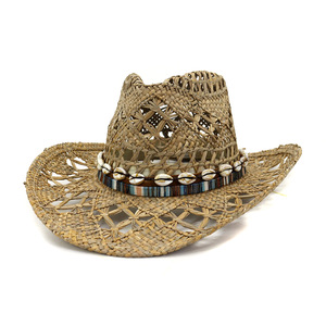 <span class=keywords><strong>N171</strong></span> Chapeau de cowboy de plage tressé à la main, creux et respirant, en paille naturelle avec décoration en coquillage, personnalisable en usine - Product Image 2