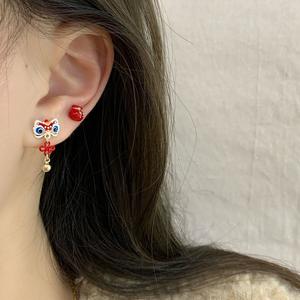 " Fu "   Pendientes largos <span class=keywords><strong>de</strong></span> terciopelo con borlas y diseño <span class=keywords><strong>de</strong></span> león, estilo chino tradicional, novedad - Product Image 3