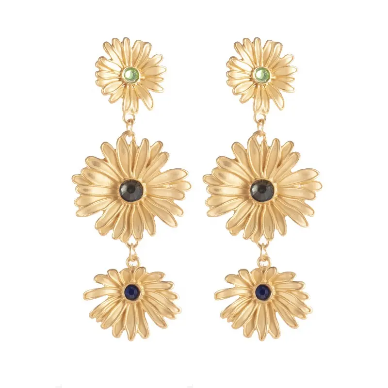 Pendientes colgantes de aleación chapados en oro con diseño de girasol a la moda para mujer al por mayor, joyería 2024