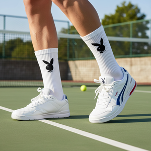 Chaussettes de tennis Playboy blanches respirantes en Spandex avec logo jacquard sublimé imprimé numériquement au bas - Product Image 3