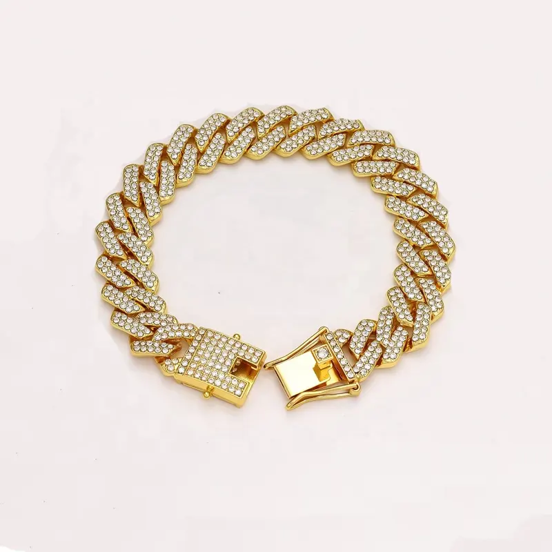 Personalizado Miami HipHop joyería de moda chapado en oro aleación 14MM Grueso Completo diamante circón cubano enlace cadena pulsera para Mujeres Hombres