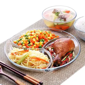 Đĩa ăn tối thủy tinh Đĩa trái cây ba ngăn lò vi sóng hộ gia đình phục vụ đĩa chia thực phẩm thủy tinh cứng